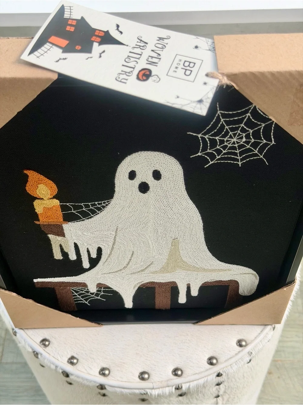 BP Home Halloween Ghost Embroidered Wall Art 12x15 Black White Candle Cobweb NWT
